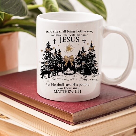 ✨ Jesus Nativity Scene Mug - Matthew 1:21 Scripture - 11oz White Ceramic Coffee - Picture 2 of 4